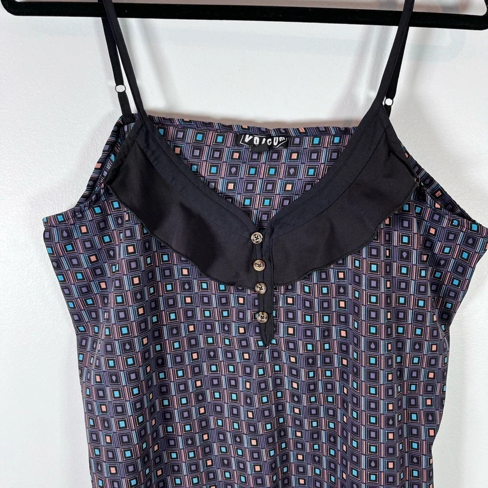 Volcom Women’s Slip Dress Front Ruffle Pockets Geometric Pattern Size Large - Picture 2 of 9